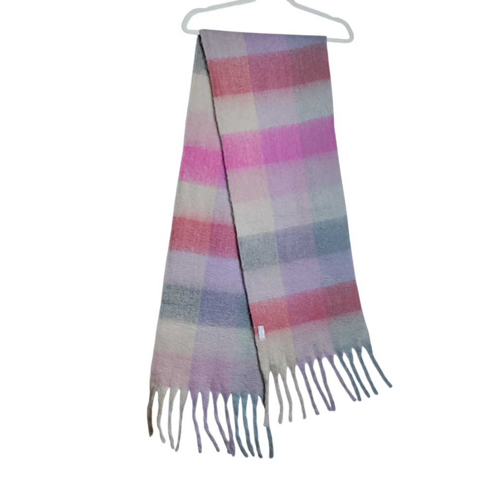 Free People Pink Purple Plaid Oversized Fringe Scarf One Size